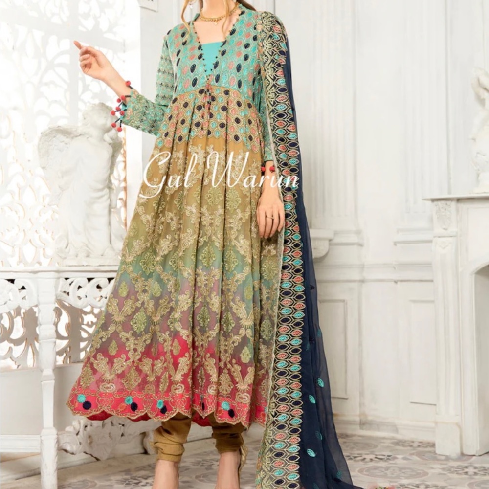 Multicolor Embroidered Maxi Dress with Navy Dupatta -